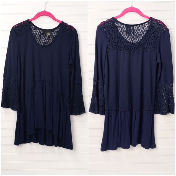 New Directions | navy bell sleeve tunic top lace - Picture 3 of 3